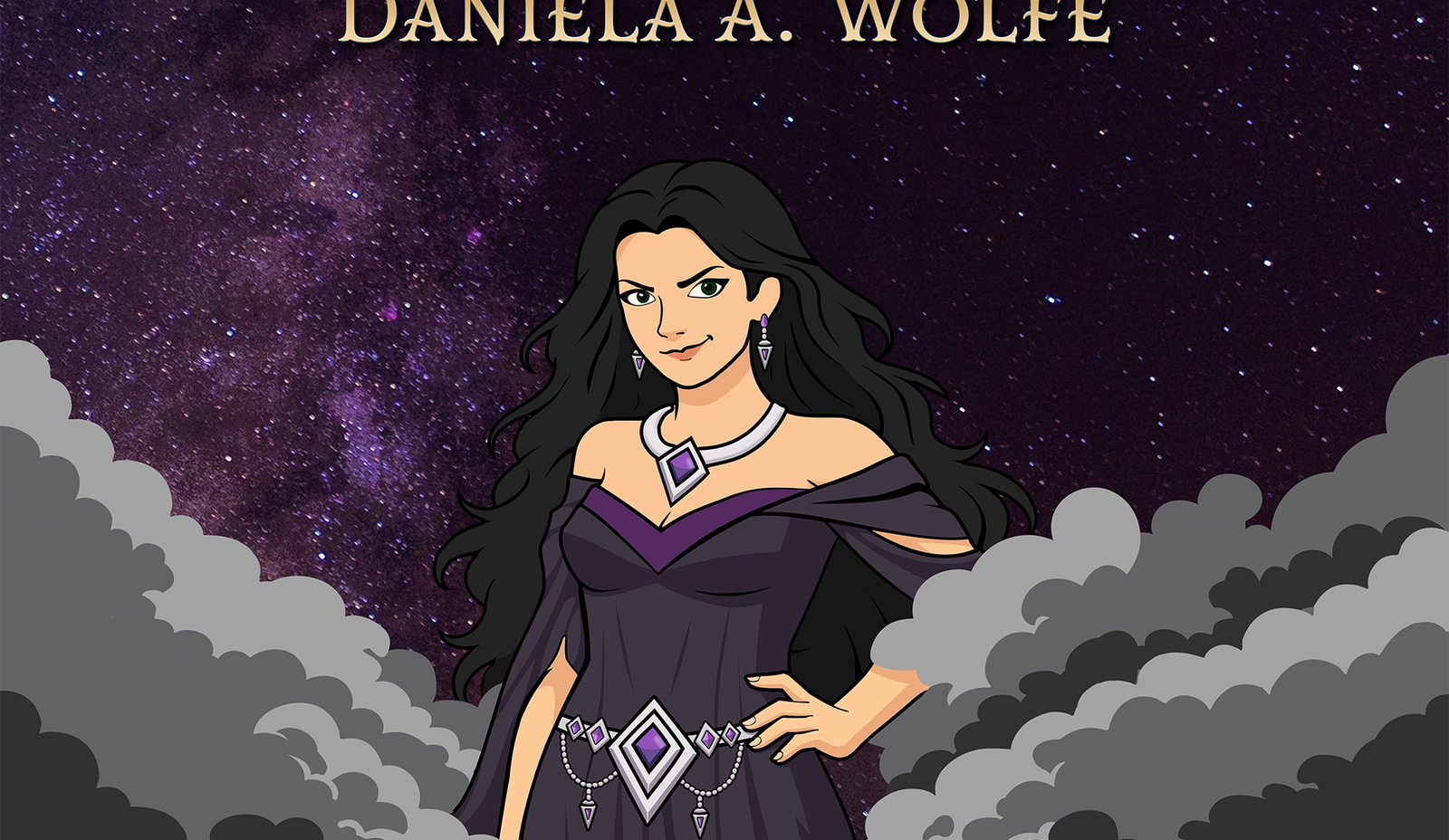 Announcement graphic for Koltja’s Shadow, Book Two of The Aeldstorm Saga by Daniela A. Wolfe, coming early 2027. Koltja, the Dark Maiden, stands amid curling gray clouds beneath a purple, star-filled sky. She has long black hair, green eyes, a knowing smirk, and one hand on her hip. She wears an off-the-shoulder dark purple gown with silver jewelry and purple gemstones. Gold lettering displays the title and author above her; pink lettering announces the release window below.